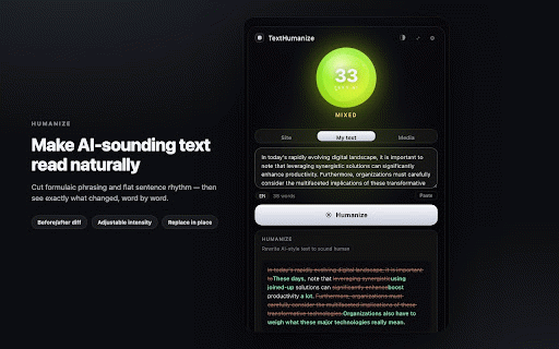 TextHumanize — AI Text Humanizer :: 100% offline text naturalizer: humanize AI-style writing, check AI probability, strip hidden watermarks — on any page. 25 languages.