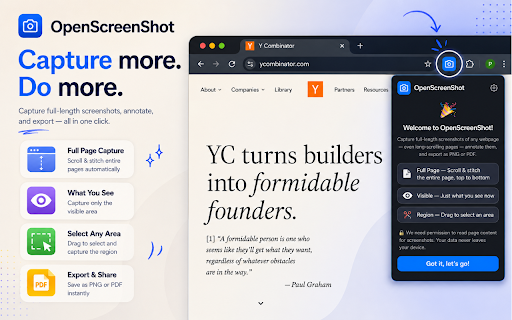 OpenScreenShot - Full Page Screenshot :: Open-source screenshot tool — full-page, region, and visible-area capture with annotation and PDF export.