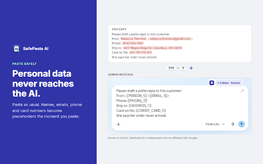 SafePaste AI :: Locally redacts sensitive data before pasted text reaches supported AI chat websites.