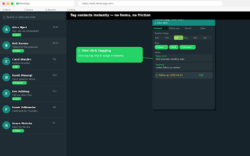 WhatsApp Web CRM™ :: CRM for WhatsApp Web — tag contacts, pipeline stages, notes, follow-up reminders, search & CSV export. Data stored locally.