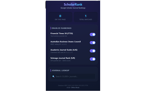 ScholarRank - Google Scholar Journal Rankings :: Displays ABDC, AJG (ABS), FT50, and ScimagoJR (SJR) journal rankings directly in Google Scholar search results.