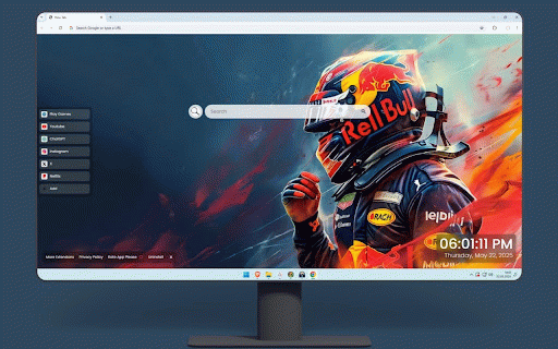 Red Bull Racing Live Wallpaper :: Red Bull Racing F1 driver with iconic helmet against dramatic backdrop of fiery orange and cool blue energy effects.