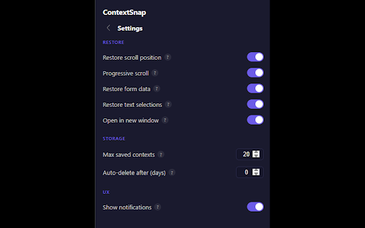 ContextSnap :: Save and restore your entire browser state — tabs, scroll positions, form inputs, and text selections — in one click.