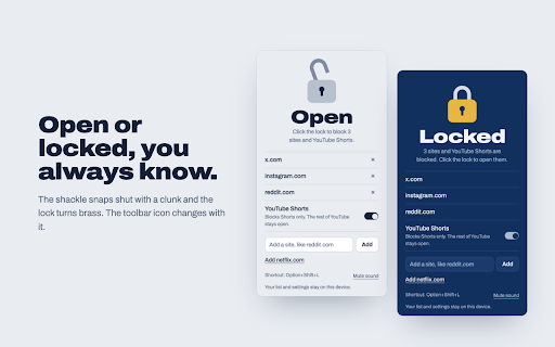 Unleash Focus :: Lock distracting sites and YouTube Shorts with one click. Unlock when you're done. Nothing leaves your device.