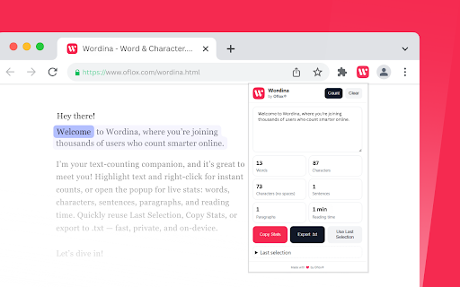 Wordina — Word & Character Counter :: Wordina — All-in-one Word Counter extension with read time, Last Selection, Copy, and .txt export option.