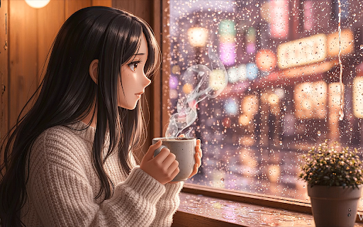 Anime Girl in the Rain Cafe Window Live Wallpaper :: Transform your new tab with a serene anime girl enjoying rain from a cozy cafe window through stunning HD live wallpaper.