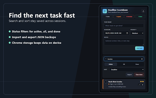 Deadline Countdown :: Track deadlines, countdowns, priorities, notes, and browser reminders from a private local popup.