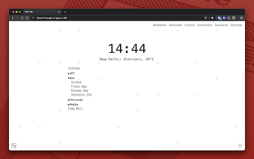 Minimal New Tab :: A minimal, new tab page with clock, weather, and bookmarks with theme support