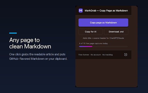 MarkGrab — Copy Page as Markdown :: Copy any page or selection as clean GitHub-flavored Markdown in one click, with an AI-ready paste mode for ChatGPT and Claude.
