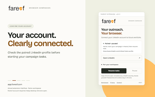 Fareof Browser Companion :: Connect your LinkedIn session to Fareof. Your password never leaves Chrome.