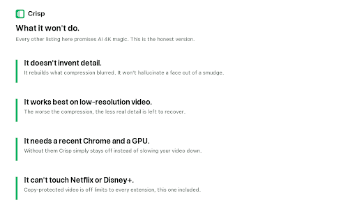 Crisp — AI Video Quality Enhancer, Upscaler & Sharpener for Blurry Video :: Sharpens blurry, low-quality video as it plays, on any site. Free, runs on your own computer, nothing uploaded.