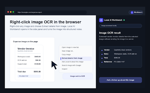 Local AI Workbench :: On-device AI side panel for Chrome: summarize pages, read documents, draft text, and keep private local notes.