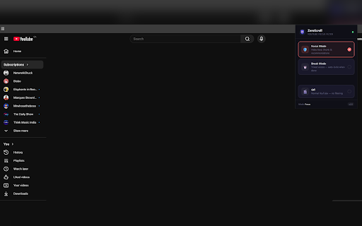 ZeroScroll: YouTube Distraction Filter :: Stay focused on YouTube. Block the feed, Shorts, and recommendations — with a built-in Break Timer that auto-locks when time is up.