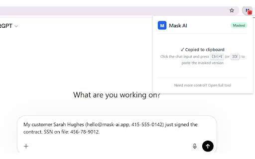 Mask AI - PII Detection for AI Chatbots :: Detect and mask sensitive data before pasting into ChatGPT, Claude, or Gemini. 100% client-side.