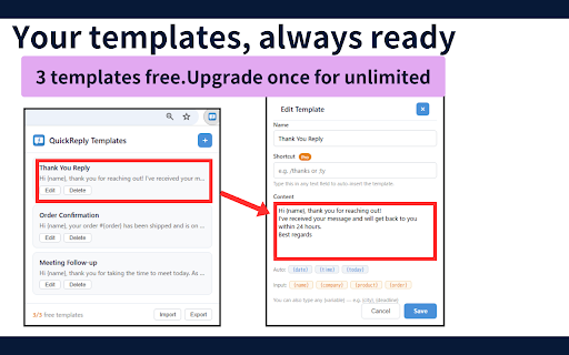 QuickReply Templates — Canned Responses & Text Expander :: Save and insert text templates instantly. Right-click any text field to paste canned responses. Perfect for email, support & sales.