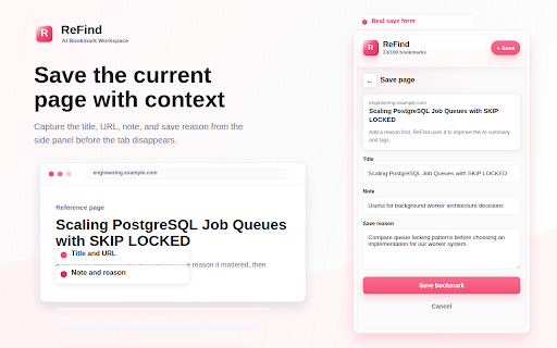 ReFind - AI Bookmark Manager :: Import browser bookmarks, save web pages in one click, and quickly search your saved knowledge.