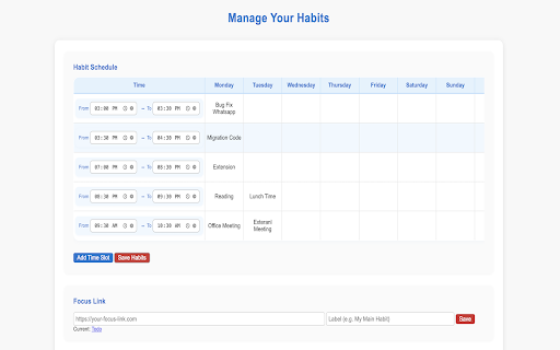 Stay Focused: Habit & Distraction Manager :: A beautiful dashboard to manage your habits, focus links, and block distractions. Stay productive every day!