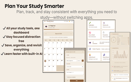 AI Study Planner & Flashcards for Students - StudyNest :: AI study planner that tells you exactly what to study next. Generate study plans, flashcards & stay focused in Chrome.