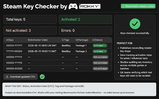 Rokky — Steam Key Checker :: Bulk check Steam CD keys: upload CSV, see activation date and which Steam account activated it. Works via Steamworks Partner.