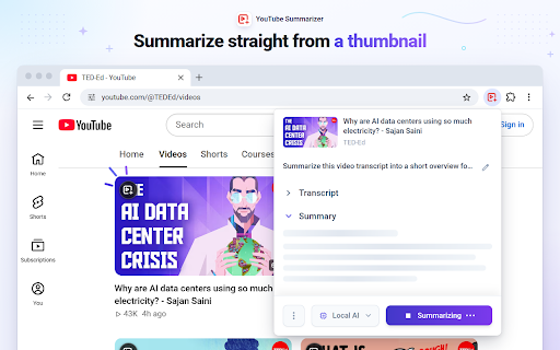 YouTube Summarizer: AI Video Summary & Transcript, Free, No API Key :: Free AI YouTube summaries and transcripts. Private on-device AI, or send to ChatGPT, Gemini or Claude. No API key, no sign-up.