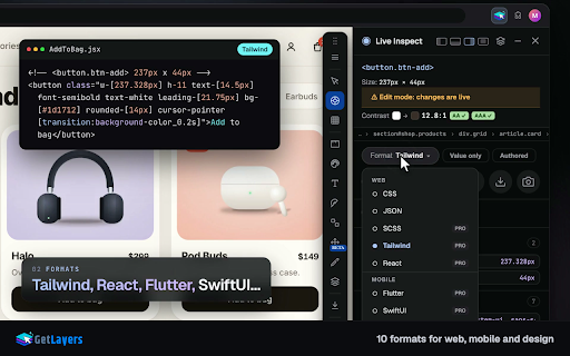 GetLayers :: Inspect & copy CSS, Tailwind, colors, fonts, assets from any element. Design tool for developers & designers.