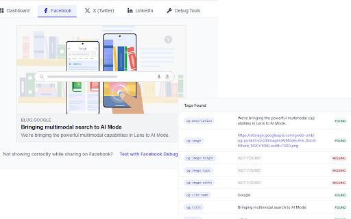 Social Share Preview and Debugger :: Preview & debug how pages appear on Facebook, Twitter/X, LinkedIn. Detect duplicate tags & missing social metadata instantly.