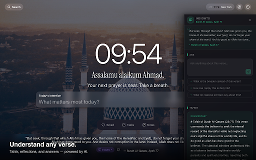 Rhemn :: Muslim new tab — daily Quran verse, Qibla, tasks & weather. Rhemn Pro adds prayer times, notes & AI Quran insights.