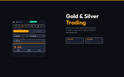 PosSize — Position Size Calculator :: Calculate optimal lot size based on balance, risk %, and stop loss. Supports Forex, Gold, Silver, and major crypto pairs.