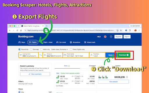 Booking Scraper: Hotels, Flights, Attractions :: Extract Booking.com hotel, flight, and attraction search results across multiple pages. Export to CSV, Excel (XLSX), or JSON.