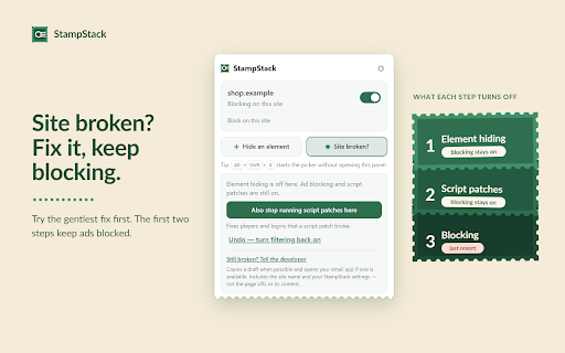 StampStack — Ad & Tracker Blocker :: Blocks ads and trackers. See which known trackers a page contacts, hide anything with a click, and keep blocking on if sites break.