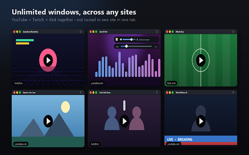 Video Wall :: Pop videos out of their tabs into clean floating windows and tile them side by side - your own multi-stream video wall.