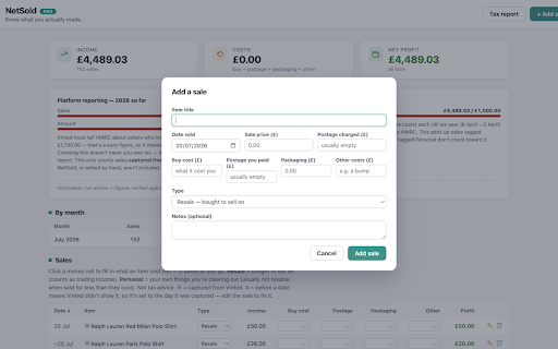 NetSold — Profit & Tax Tracker for Vinted :: Track true profit on your Vinted sales and HMRC reporting thresholds. Unofficial: not affiliated with Vinted.
