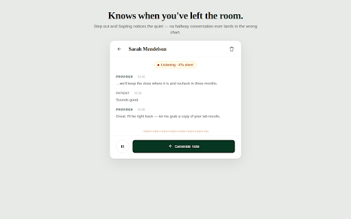 Sapling — Your Autonomous Healthcare Team :: Stop charting after hours. Sapling transcribes encounters, generates clinical notes and codes, and autonomously completes actions.