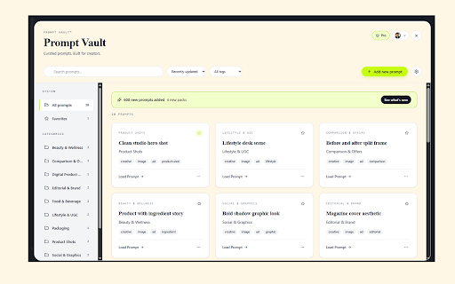 Prompt Vault™ :: Your AI prompt library. Save, organize, and inject reusable prompts into ChatGPT (Gemini coming).