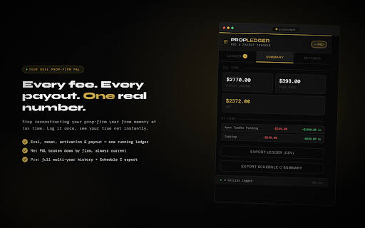 PropLedger — Prop Firm Fee & Payout Tracker :: Track prop-firm fees, resets, activations, and payouts across every firm. Rolls into a year-end Schedule C tax summary.