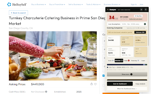 Assayer: SBA Deal Analysis for Business Buyers :: Assay business-for-sale listings: multiples, SBA capital stack, DSCR, and a fit score against your own buy box. Free.