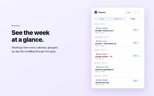 Meetos :: A unified meeting timeline with one-click join across Google and Microsoft calendars.