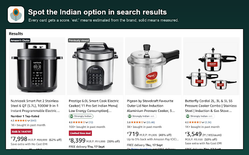 Kitna Indian :: How Indian is this product? Scores Amazon.in, Flipkart, Blinkit and Zepto listings on manufacturing, assembly and design.