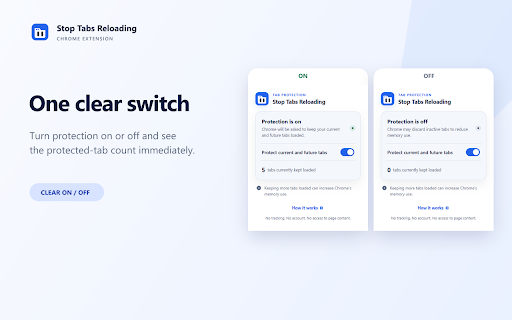Stop Tabs Reloading :: Prevent Chrome from discarding inactive tabs and reloading them when you return. Simple, automatic, and private.
