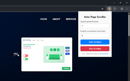 Auto Page Scroller :: Smoothly auto-scroll the page for UI video demos with adjustable speed and countdown. Made by Polando8.