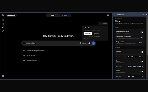 FreshContext :: Watch your AI chat's context, get warned before quality drops, and continue in a fresh chat with an AI-written handoff brief.