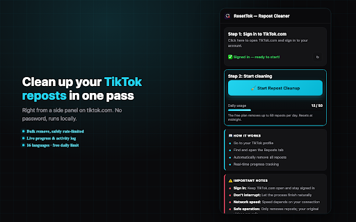 ResetTok — TikTok Repost Cleaner :: Bulk-remove your TikTok reposts in controlled batches — no password, runs locally.