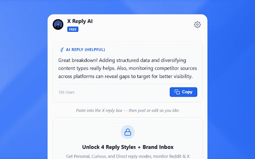 X Reply AI :: One-click AI reply for X posts. Bring your own LLM key. Unlock full features on signalmelo.com.