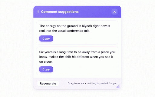 VAL Assistant :: Suggests comments and replies in your own voice, right on LinkedIn. Only suggests, never posts for you.