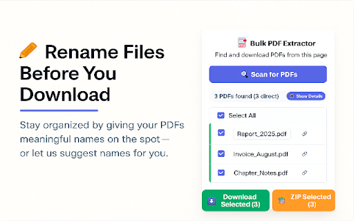 Bulk PDF Extractor :: Smart PDF extractor - Find, rename & download all PDFs from any webpage. Gmail attachments, ZIP bundling, batch processing.