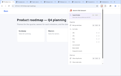 Aaron's Tab Vacuum :: Find tabs fast, sort them your way, and clear duplicates, stale tabs and blank pages. Built for keyboard control.
