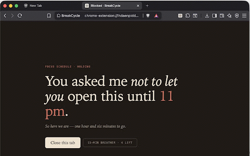 BreakCycle – Private Site Blocker for Focus :: Private site blocker for distracting sites — on a schedule, on a daily budget, with breaks when you really need one.