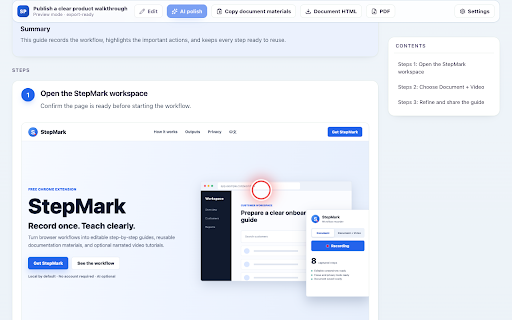 StepMark :: Turn browser workflows into editable guides and narrated video tutorials.