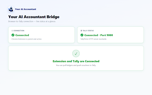 Your AI Accountant — Tally Prime Connector :: Connect Your AI Accountant to TallyPrime. Automate bank statement data entry — pull ledgers, push vouchers from your browser.