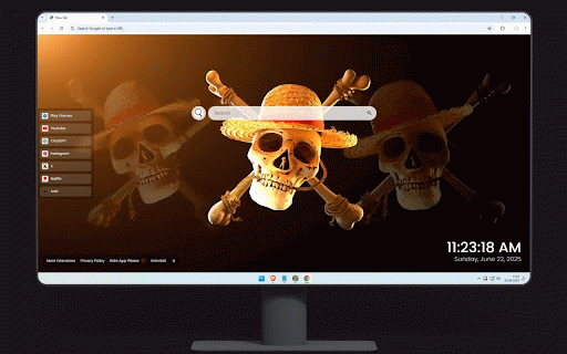 One Piece Logo Live Wallpaper :: Straw Hat Pirates skull and crossbones logo with golden lighting against dark background.